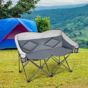 Folding Gray Camping Chair Loveseat Double Seat with Bags and Padded Backrest