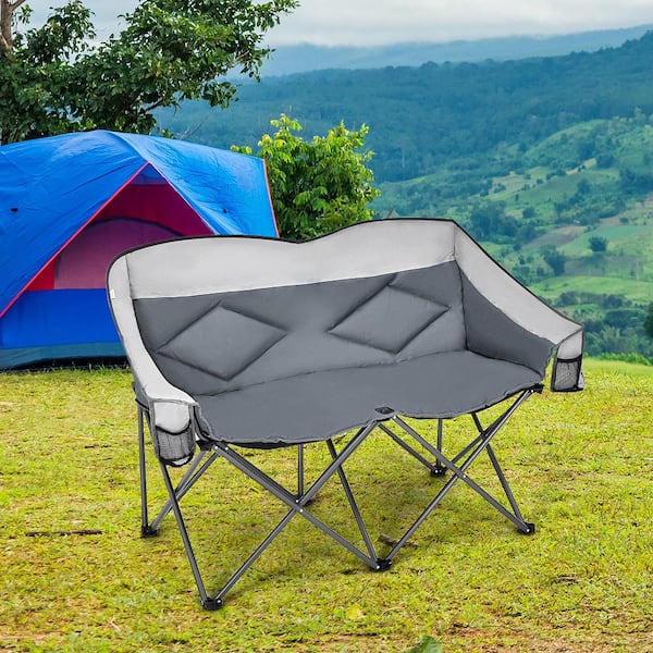 Folding Gray Camping Chair Loveseat Double Seat with Bags and Padded Backrest