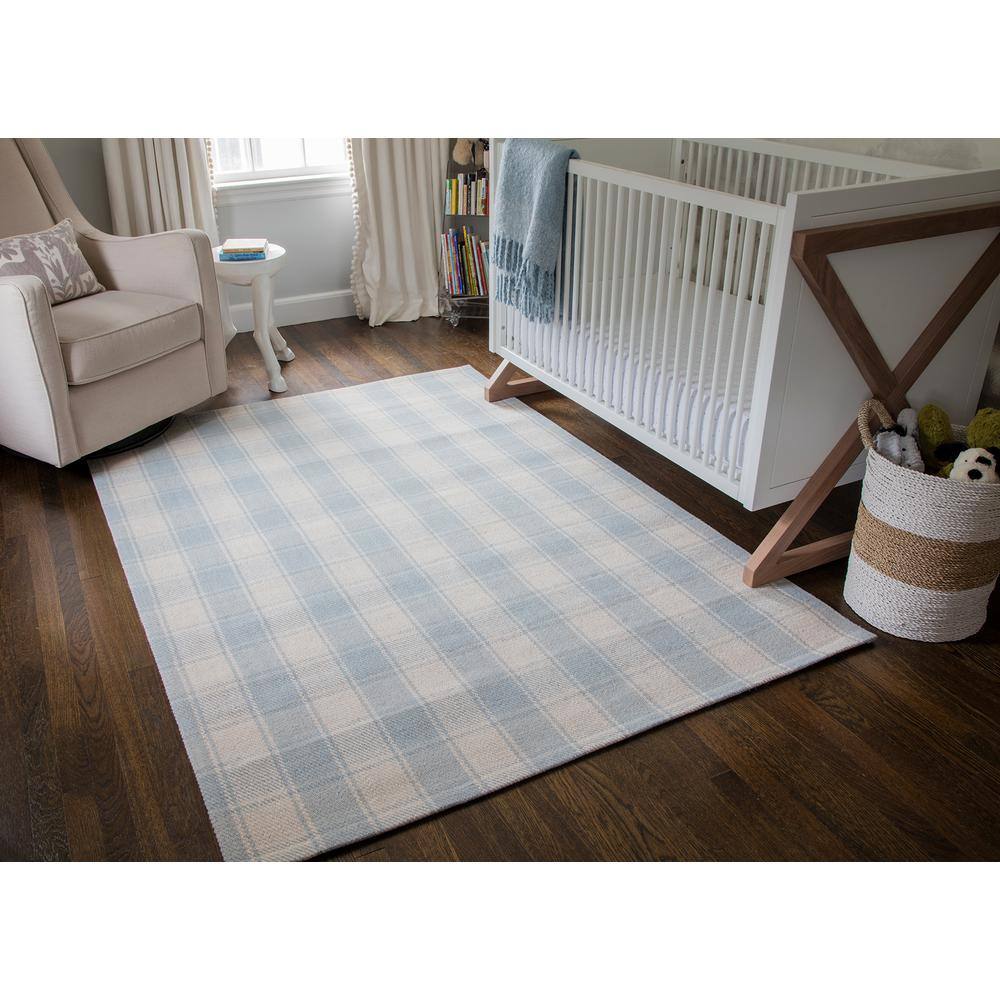Light Blue and Ivory Handwoven Wool Plaid Area Rug 5' x 8'