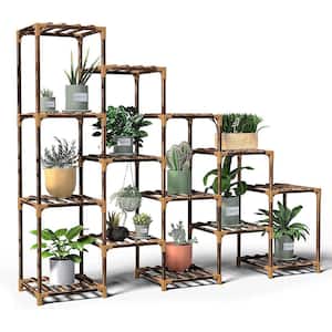 4 Tiers 14 Pots Large Trapezoidal Wooden Plant Rack for Living Room Terrace, Balcony and Garden, Brown