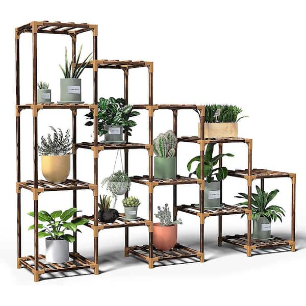 Unbranded 4 Tiers 14 Pots Large Trapezoidal Wooden Plant Rack for Living Room Terrace, Balcony and Garden, Brown