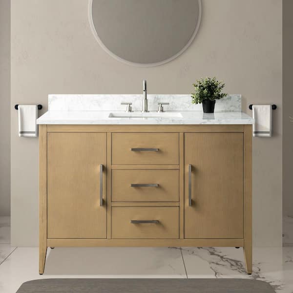 48 in. W. x 22 in. D x 34 in. H Single Sink Bathroom Vanity Cabinet in Natural Oak with Engineered Marble Top in White