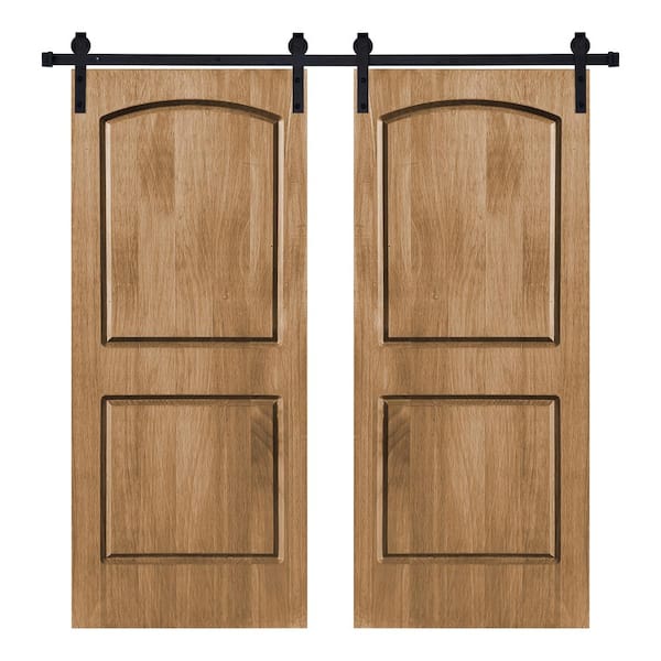 AIOPOP HOME Modern 2Panel-Roman Designed 64 in. x 84 in. Wood Panel Brair Smoke Painted Double Sliding Barn Door with Hardware Kit