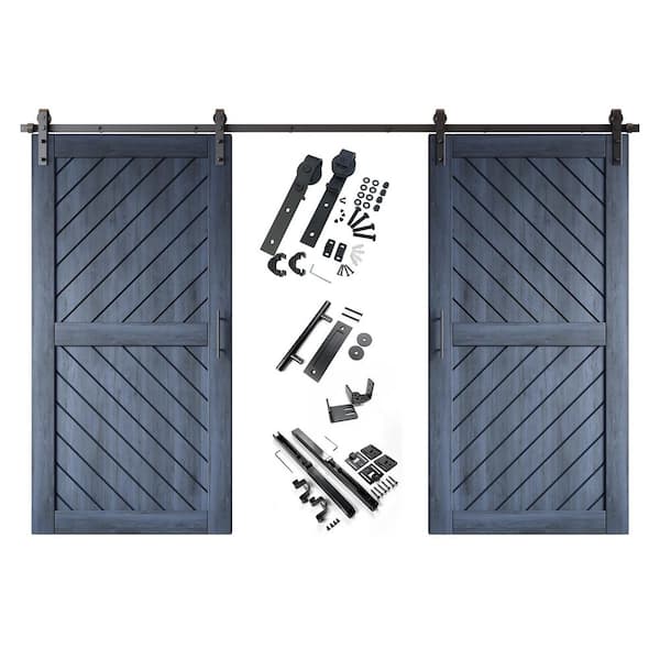 XT3 40 in. x 80 in. C-Panel Navy Slanted Stripe Design Double Pine Wood Sliding Barn Door with Hardware Kit