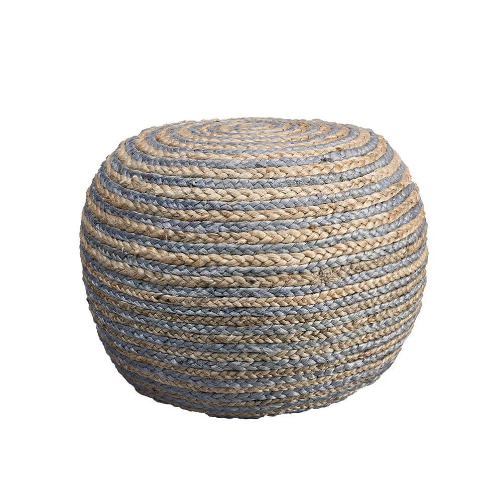 Handmade Striped Braided Jute & Cotton Pouf in Gray, 20" x 14"