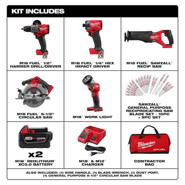 M18 FUEL 18V Li-Ion Cordless Combo Kit (5-Tool) with Two 5.0 Ah Batteries, 1 Charger 1 Bag w/Recip Blade Set (19-Pc)