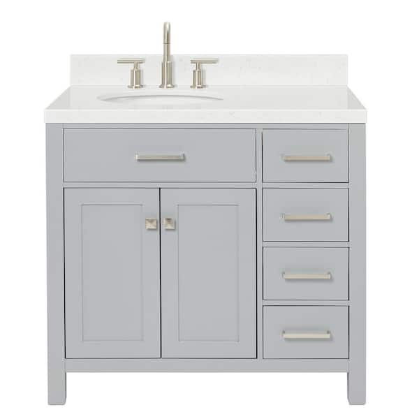 Bristol 36.25 in. W x 22 in. D x 36 in. H Single Sink Freestanding Bath Vanity in Gray with Carrara White Quartz Top