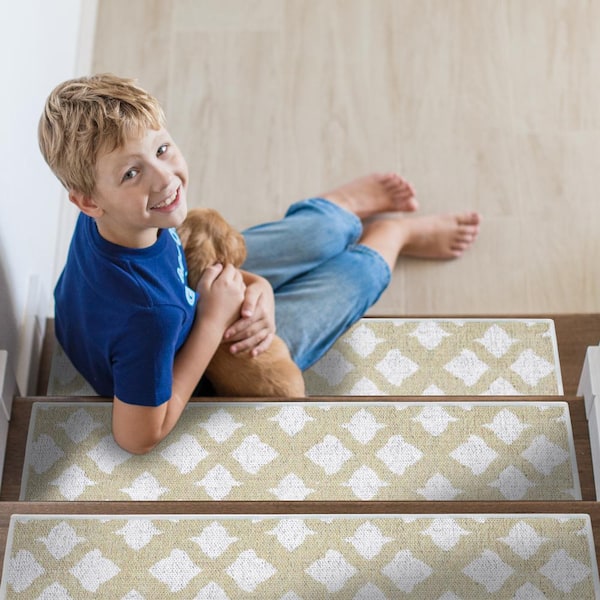 Floral Light Beige 9 in. x 28 in. Cotton Carpet Stair Tread Cover (Set of 13)