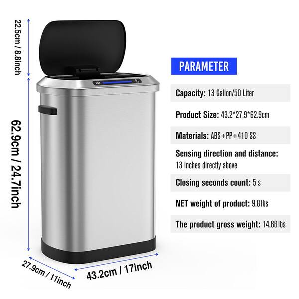 Unbranded - 13 Gal. Black Silver Touchless Automatic Metal Trash Can with Full Intelligent Sensor, Hands-Free and Quiet Operation