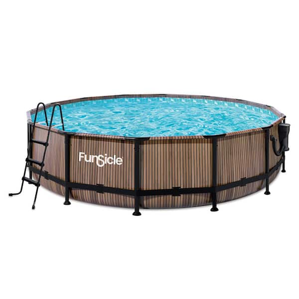 Funsicle 14 ft. Round 42 in. Deep Metal Frame Above Ground Pool, Natural Teak