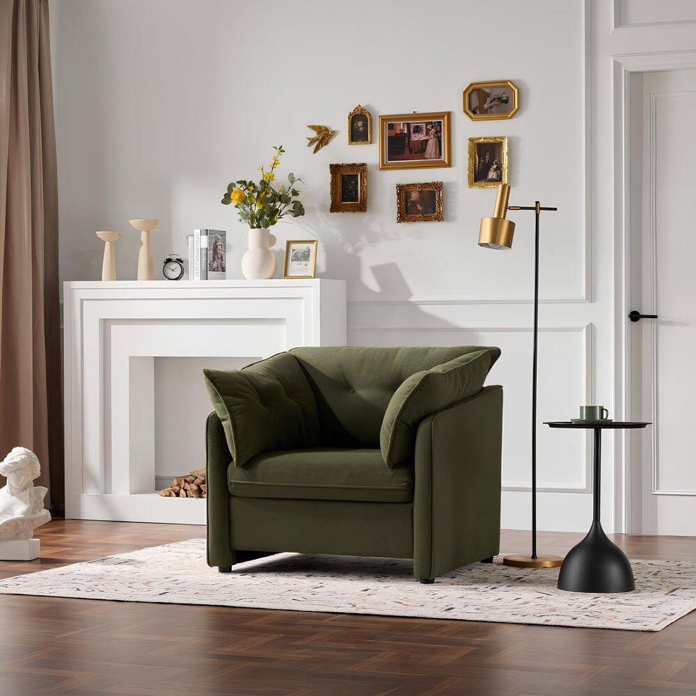 Button-Tufted Green Chenille Arm Chair, Accent Chair