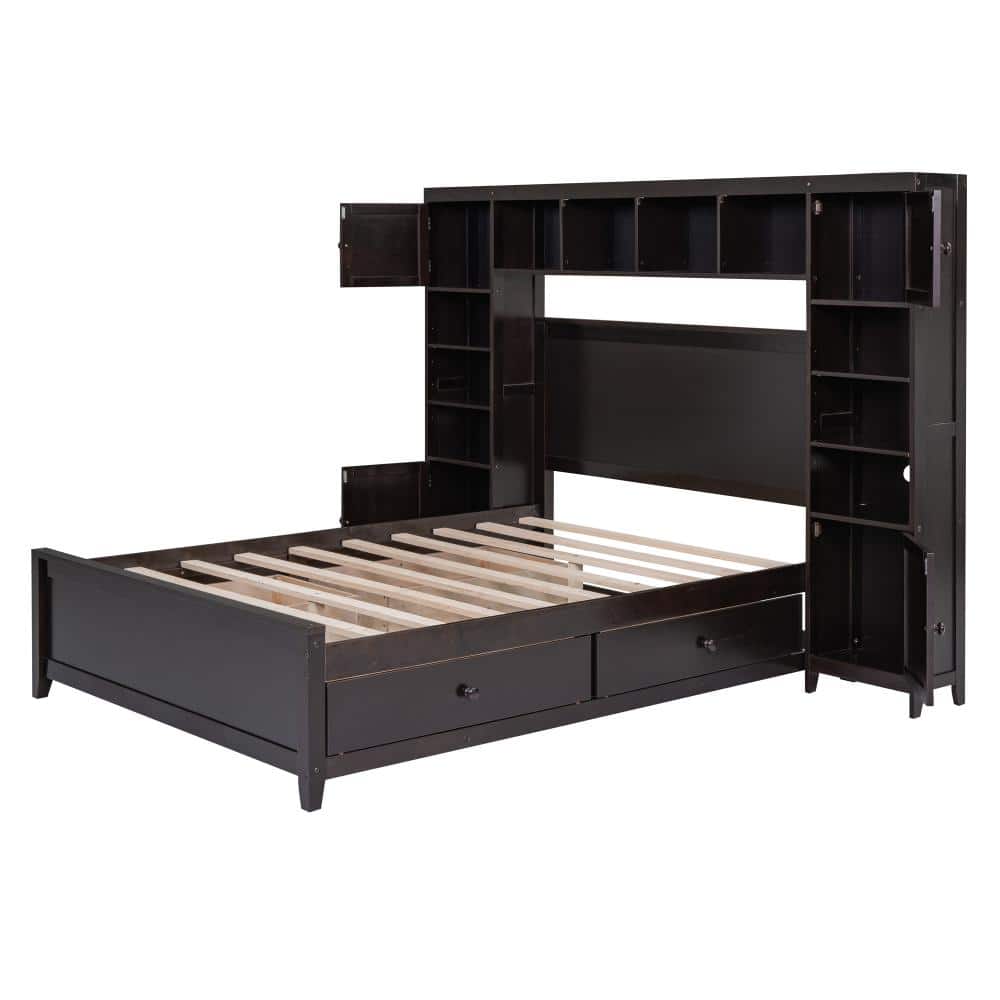 Espresso Solid Wood Frame Full Platform Bed with All-in-One Cabinet, Shelf, and 4 Drawers durable construction price history on PriceWatchPro