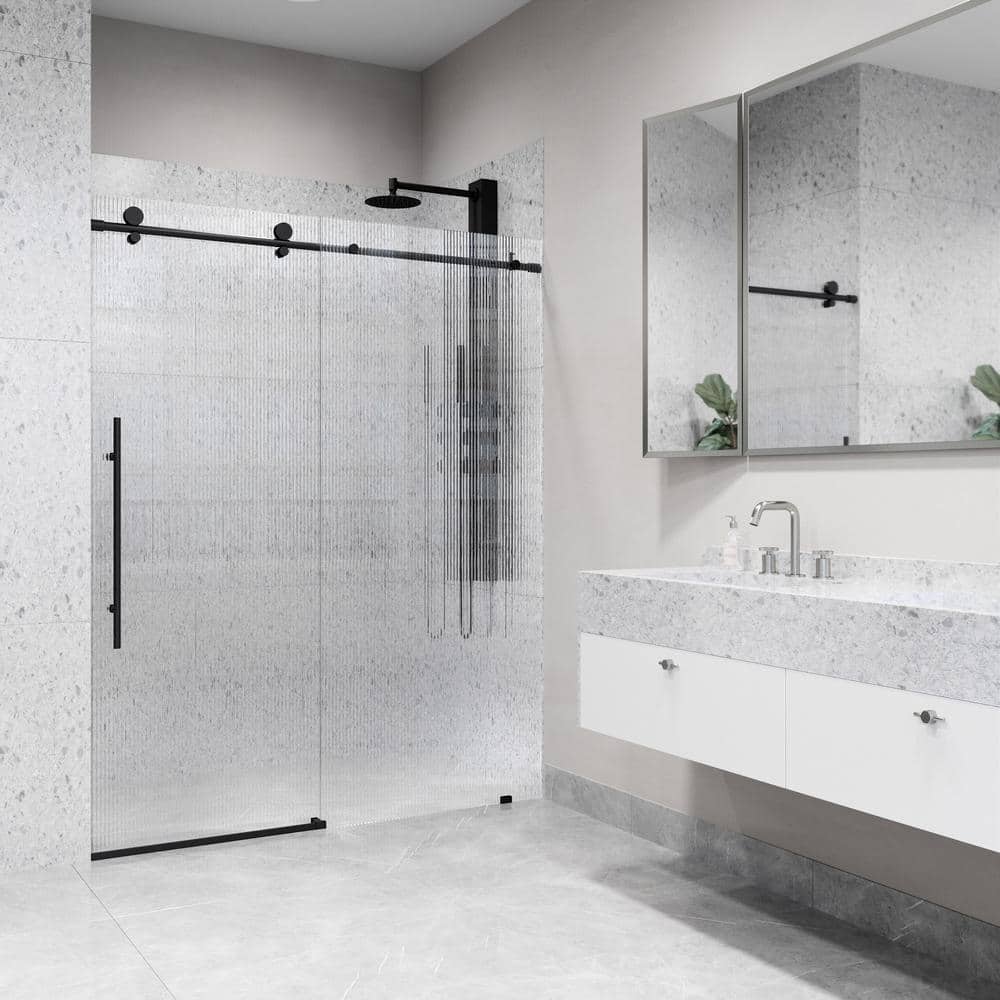 Matte Black Frameless Sliding Shower Door with Fluted Glass