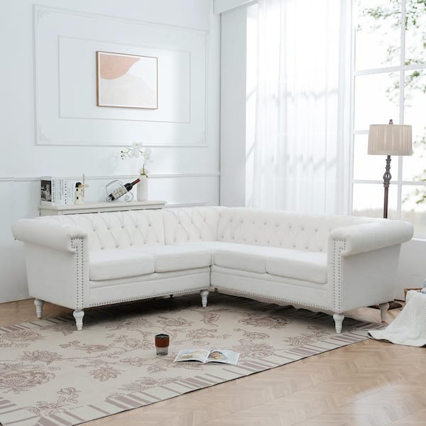Harper & Bright Designs 84.65 in W Rolled Arm L-Shaped Faux Leather Modern Tufted Sectional Sofa in White