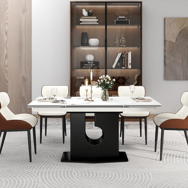 63 in. to 94 in. Rectangle Modern Ink Sintered Stone Extendable Pedestal Dining Table Stainless Steel Base (Seats 10+)
