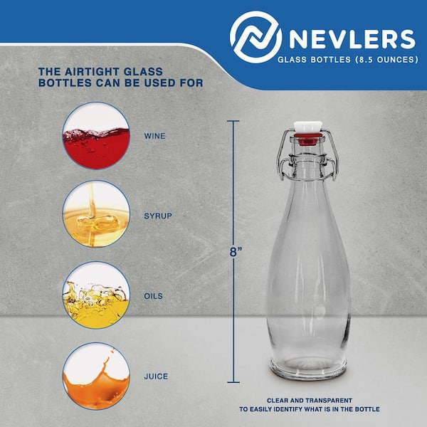 Nevlers 8.5 Oz. Glass Bottles - Set of 12 | Swing Top Airtight Seals +  Brush + Funnel + Marker | Reusable Glass Water Bottle