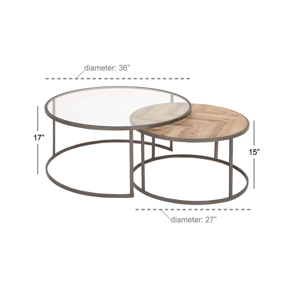Gray and Brown Round Wood and Glass Nesting Coffee Tables