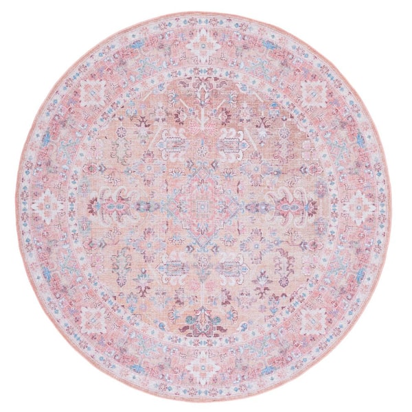 Serapi Beige/Pink 7 ft. x 7 ft. Machine Washable Floral Round Area Rug