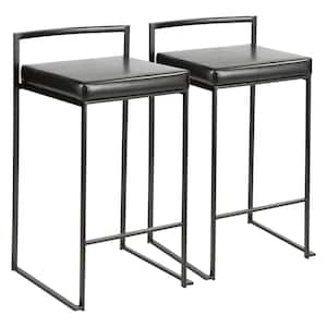 Fuji 26 in. Black Stackable Counter Stool with Black Faux Leather Cushion (Set of 2)