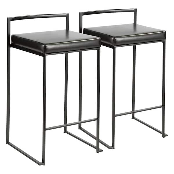 Lumisource Fuji 26 in. Black Stackable Counter Stool with Black Faux Leather Cushion (Set of 2)