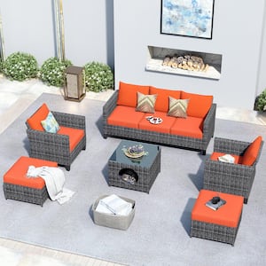 Gaia Gray 6-Piece Wicker Outdoor Patio Conversation Seating Set with Orange Red Cushions