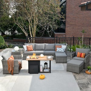 Eufaula Gray 10-Piece Wicker Modern Outdoor Patio Conversation Sofa Set with a Storage Fire Pit and Dark Gray Cushions