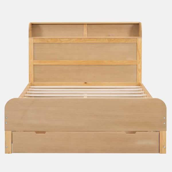 wetiny Brown Wood Frame King Size Platform Bed with Storage Headboard and a Big Drawer