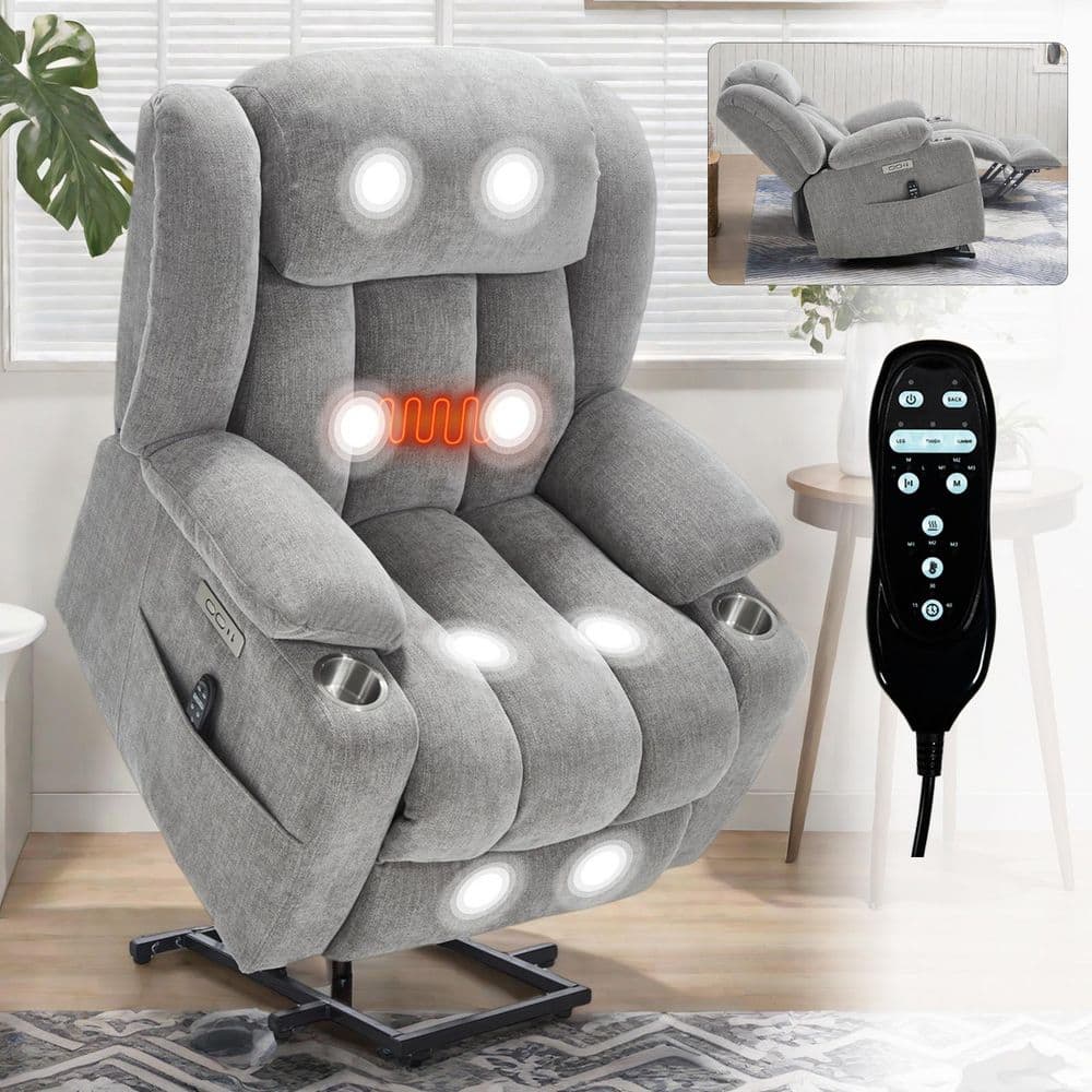 Light Gray Durable Chenille Power Lift Recliner Chair with Massage and Heat