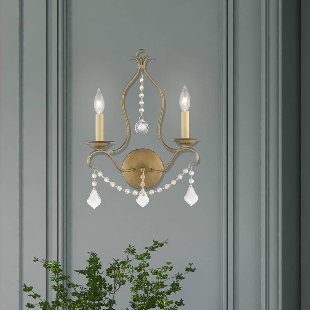 Elegant Antique Gold Leaf Dual-Light Wall Sconce with Crystal Accents