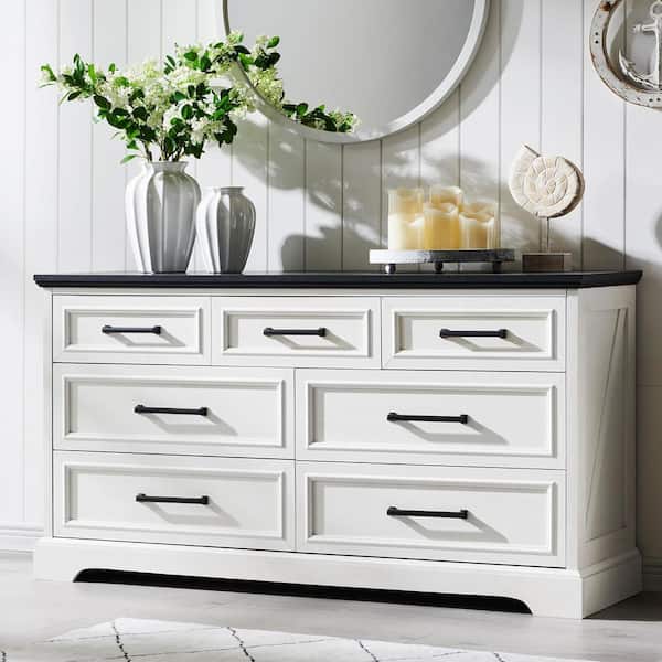 White 7 drawer 52 in. W Dresser Farmhouse Style Dressers for Bedroom, Living Room, Hallway