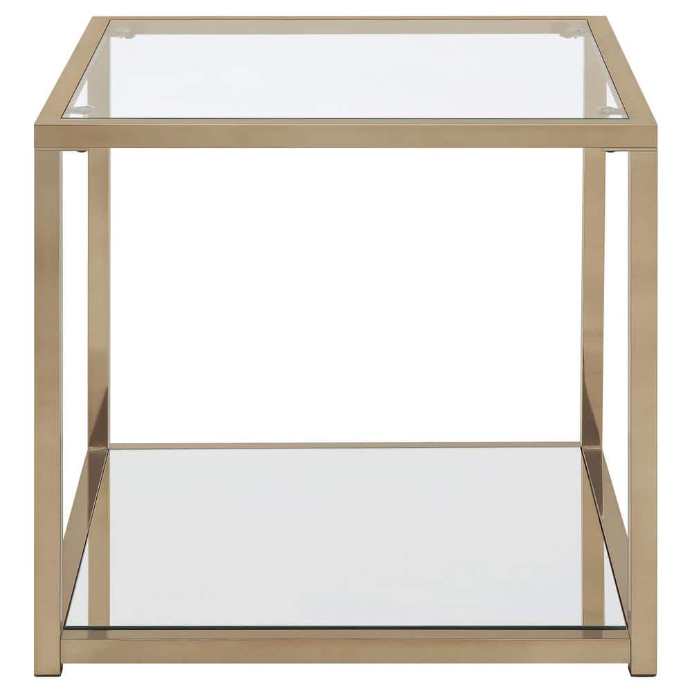 Cora Transitional Square Glass Top End Table with Mirrored Shelf in Gold
