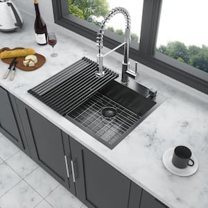 25 in. Drop-In Single Bowl 16 Gauge Gunmetal Black Stainless Steel Kitchen Sink with Bottom Grids