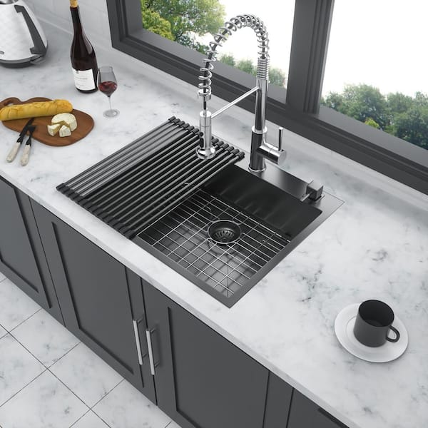 Unbranded 25 in. Drop-In Single Bowl 16 Gauge Gunmetal Black Stainless Steel Kitchen Sink with Bottom Grids
