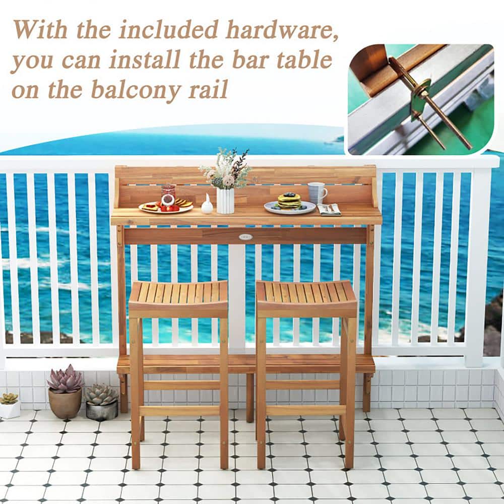 Acacia Wood 3-Piece Balcony Bar Table Set with Footrest
