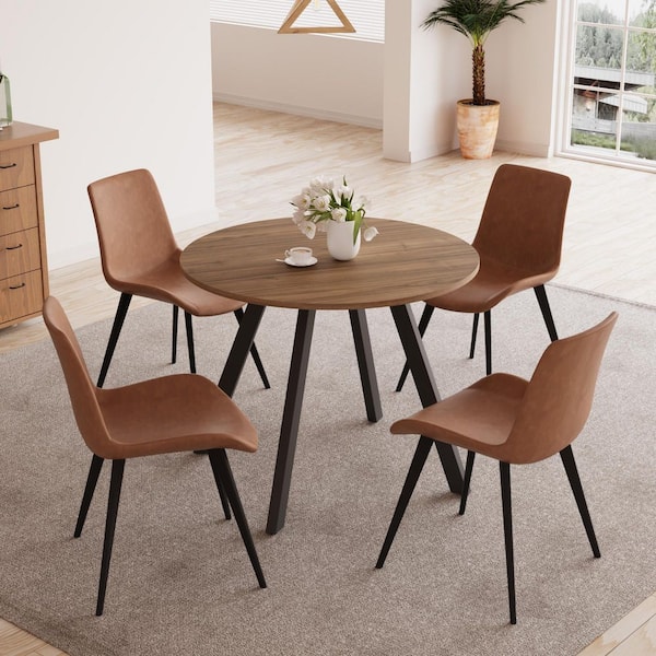 GOJANE 5-Piece 34.6 in. Modern Round Dining Table with 4-Leather Chairs(Walnut Table Plus 4-Brown Chairs)