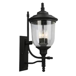 Pinedale 12.87 in. W x 22.36 in. H 3-Light Matte Black Outdoor Wall Lantern Sconce with Clear Seedy Glass Shade