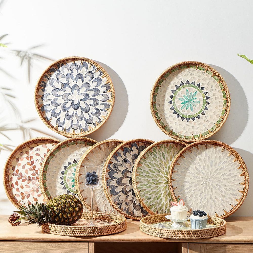 1-Piece Round Rattan Fruit Bowl with Mother of Pearl Inlay & Wooden Base, Decorative Wicker Basket for Table Decor price history on PriceWatchPro