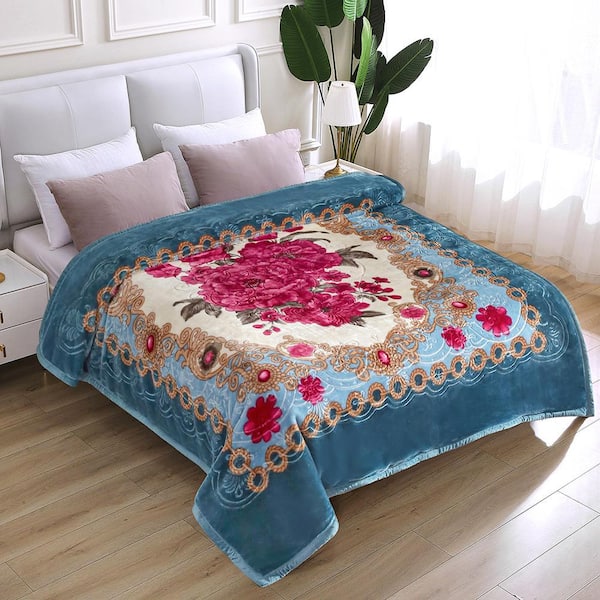 JML Blue Floral 75 in. x 87 in. Reversible Printed Polyester