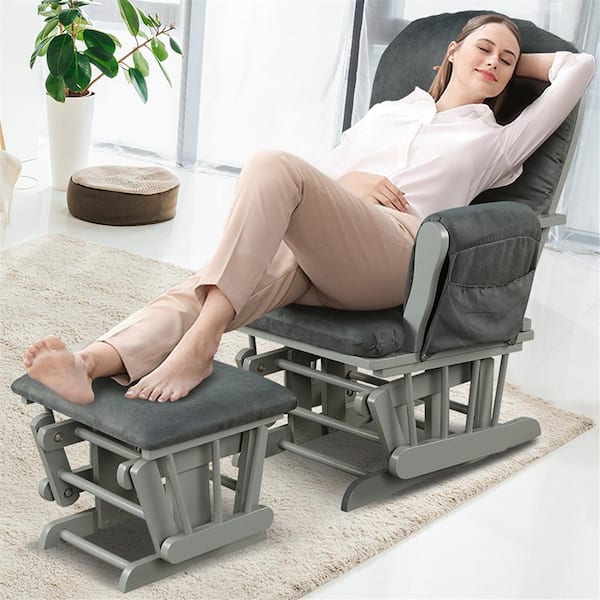 Grey Fabric Glider and Ottoman Cushion Set Wood Baby Nursery Rocking Chair Dark