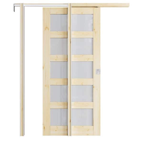ARK DESIGN 36 in. x 80 in. 5-Lite Frosted Glass Unfinished Pine Wood Pocket Door with Hardware (Soft Close and Silver Lock Incl)