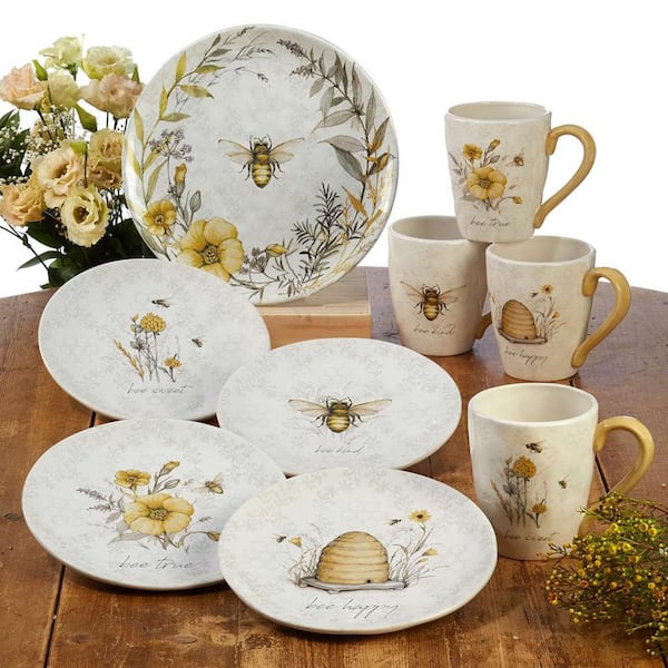 Bee Sweet 4-Piece Seasonal Multicolored Earthenware 22 oz. Mug Set (Service for 4)