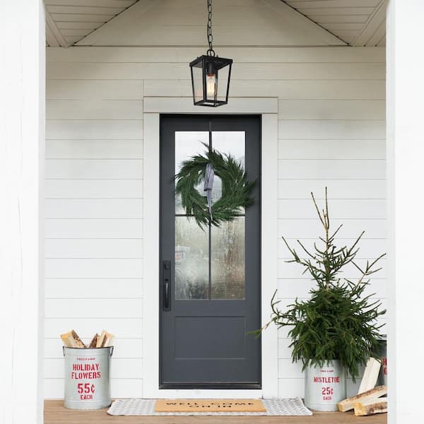 LNC Modern Coastal Black 1-Light Lantern Outdoor Pendant Light with Seeded Glass shade Mini Hanging Pendant for Patio Porch