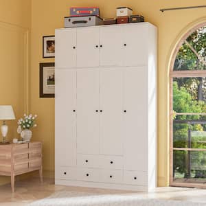 White Wood 59 in. W Shutter Doors Armoires Wardrobe with-Drawers, Hanging Rod, Top Cabinets (94.5 in. H x 19 in. D)
