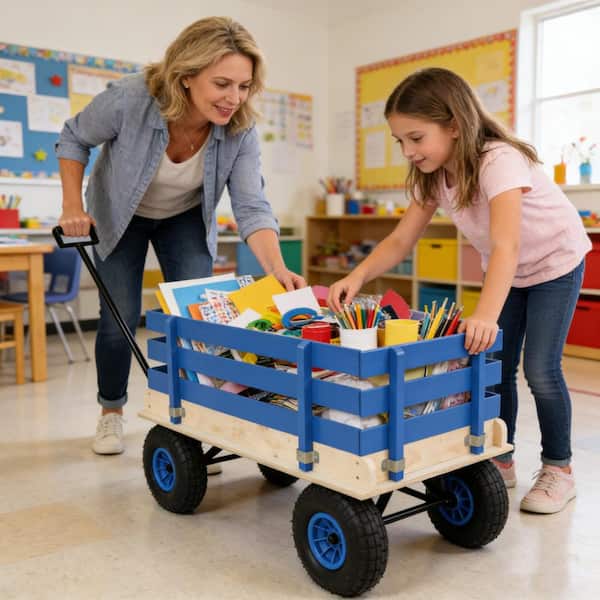 Flynama Blue Wooden Kids Pull Wagon with Removable Side Rails All