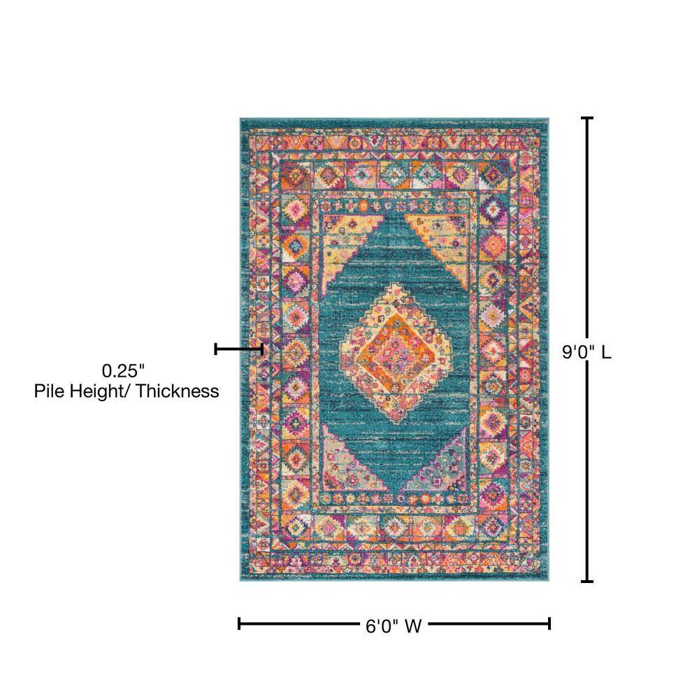 Light Blue and Orange Synthetic Easy Care Area Rug, 6' x 9'