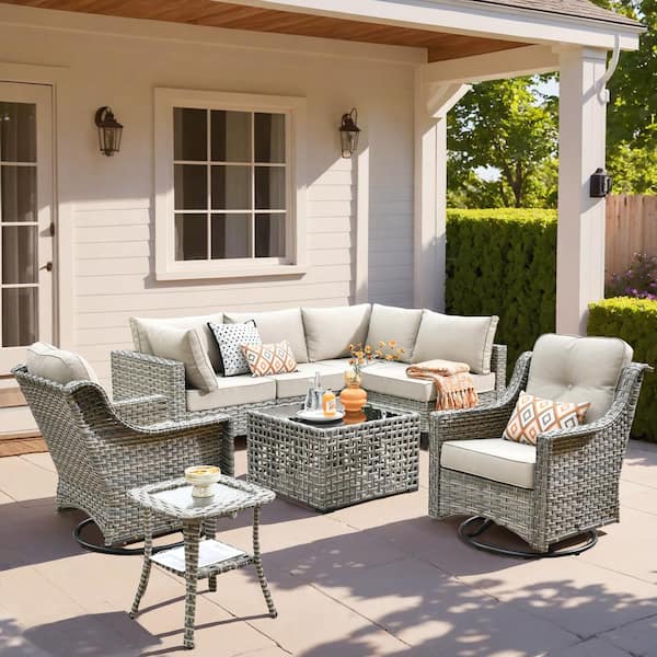 Holston 8-Piece Wicker Modern Outdoor Patio Conversation Sofa Seating Set with Swivel Chairs and Beige Cushions