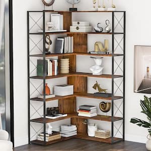 70.9 in. Brown Wood 7-Shelf Accent Bookcase with Metal Frame Home Office Industrial L-Shaped Corner Open Bookshelf