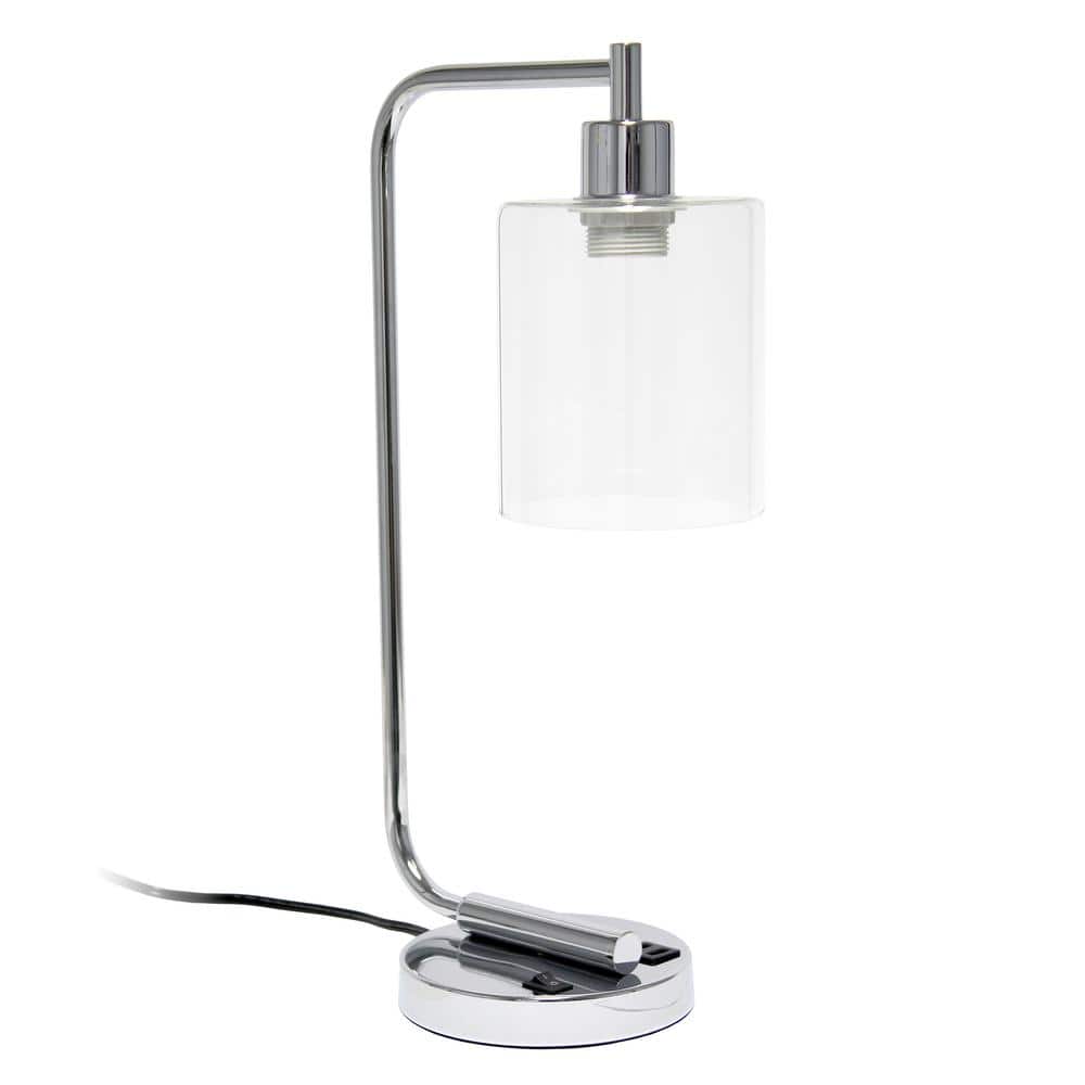 18.8" Chrome Industrial Iron Desk Lamp with Glass Shade and USB Port