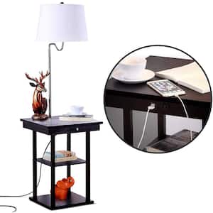 Madison 56 in. Black Narrow End Table with Built-In LED Lamp with White Shade Wireless Charging Station and USB Port