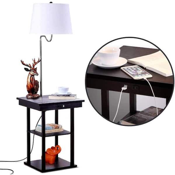 Brightech Madison 56 in. Classic Black/White Shade Modern LED Bedside Table Lamp with Fabric Drum Shade and Built-In USB Port